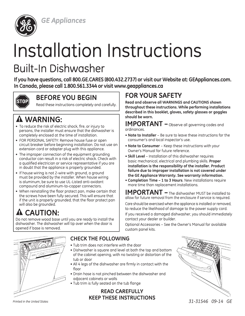 Page 1 of the manual Installation Guide GE GDT580SGFBB