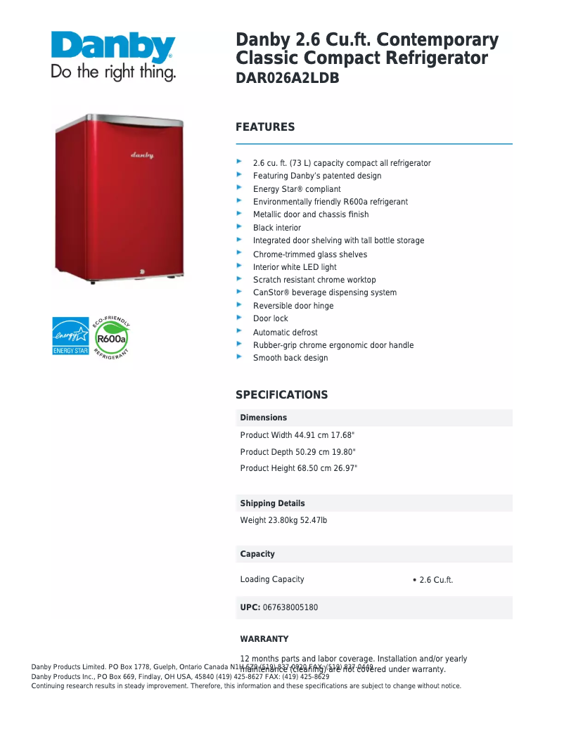 Page 1 of the manual Technical Sheet Danby DAR026A2LDB