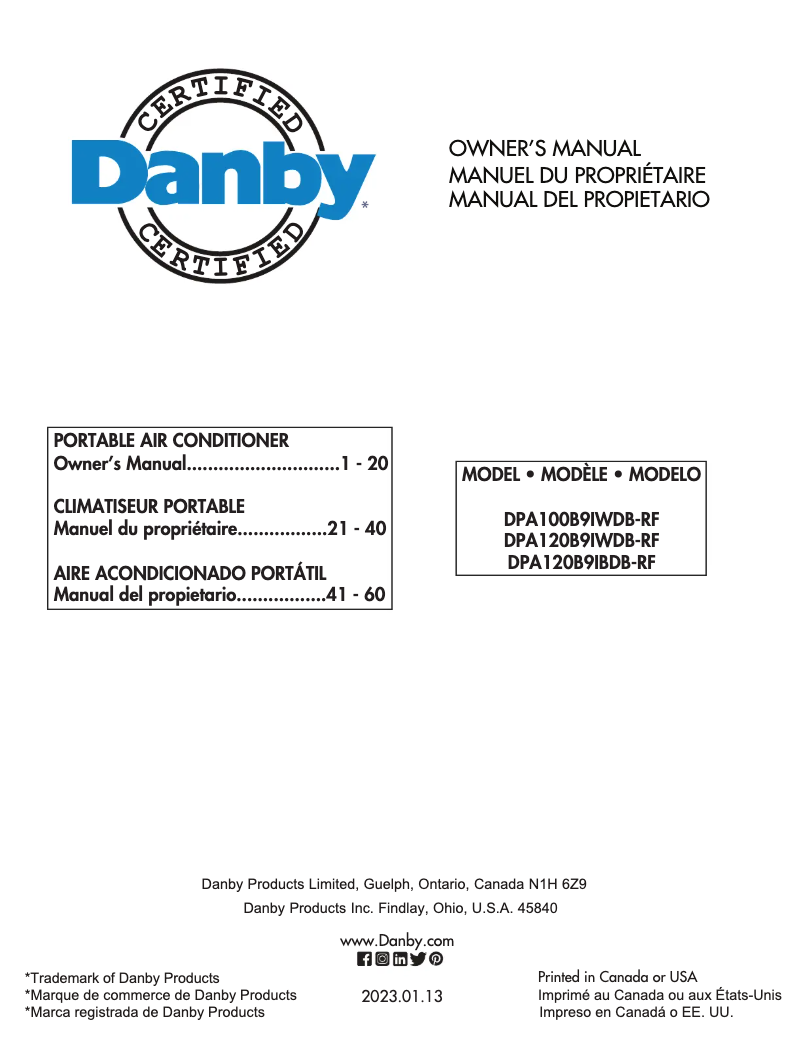 Page 1 of the manual User Manual Danby DPA100B9IWDB-RF
