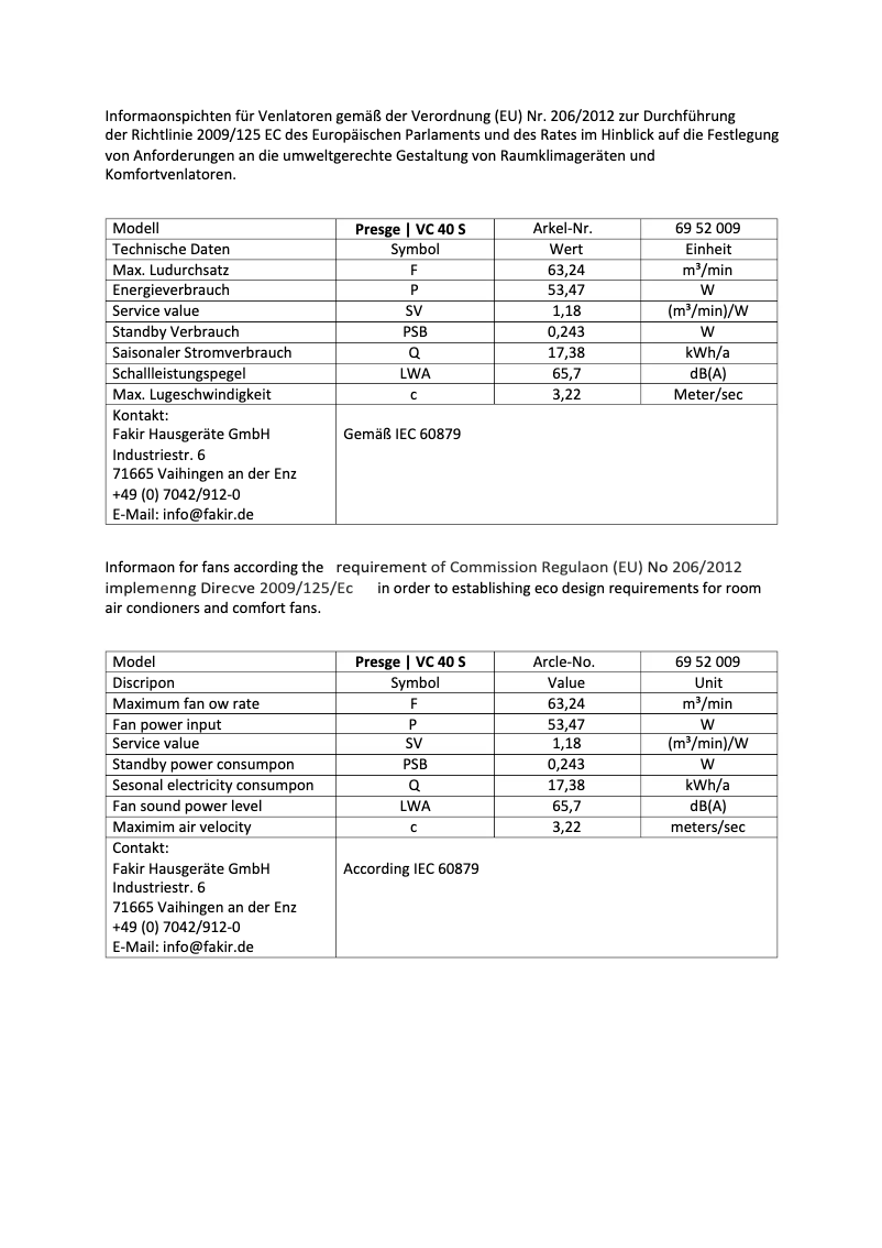 First page image of the manual for Prestige VC 40 S