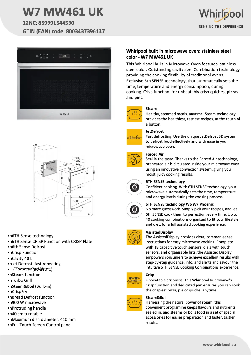 Page 1 of the manual Technical Sheet Whirlpool W7MW461UK