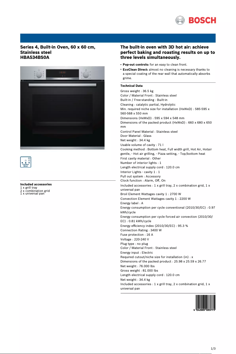 First page image of the manual for HBA534BS0A