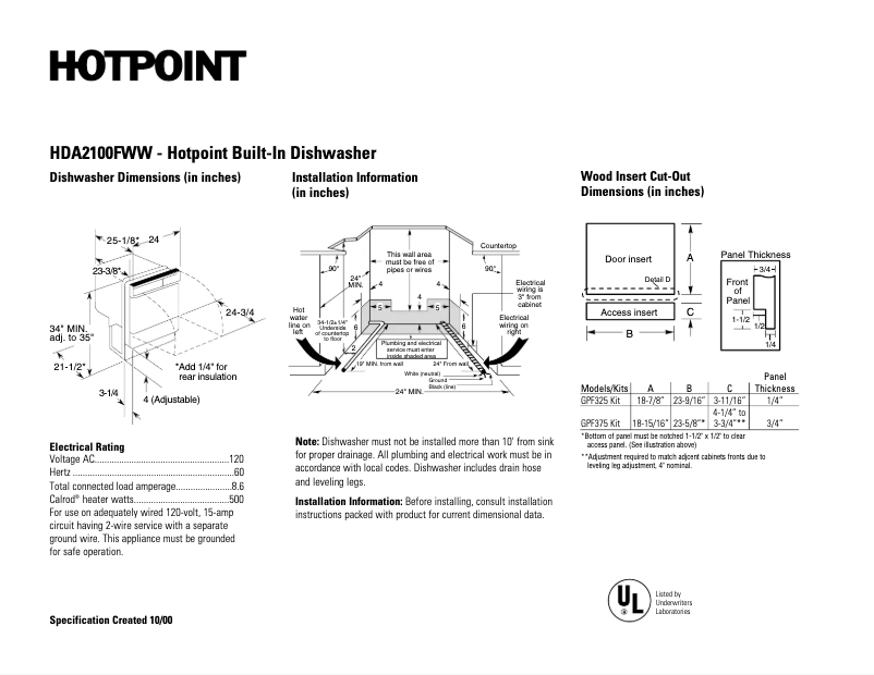 Page 1 of the manual Technical Sheet Hotpoint HDA2100FWW