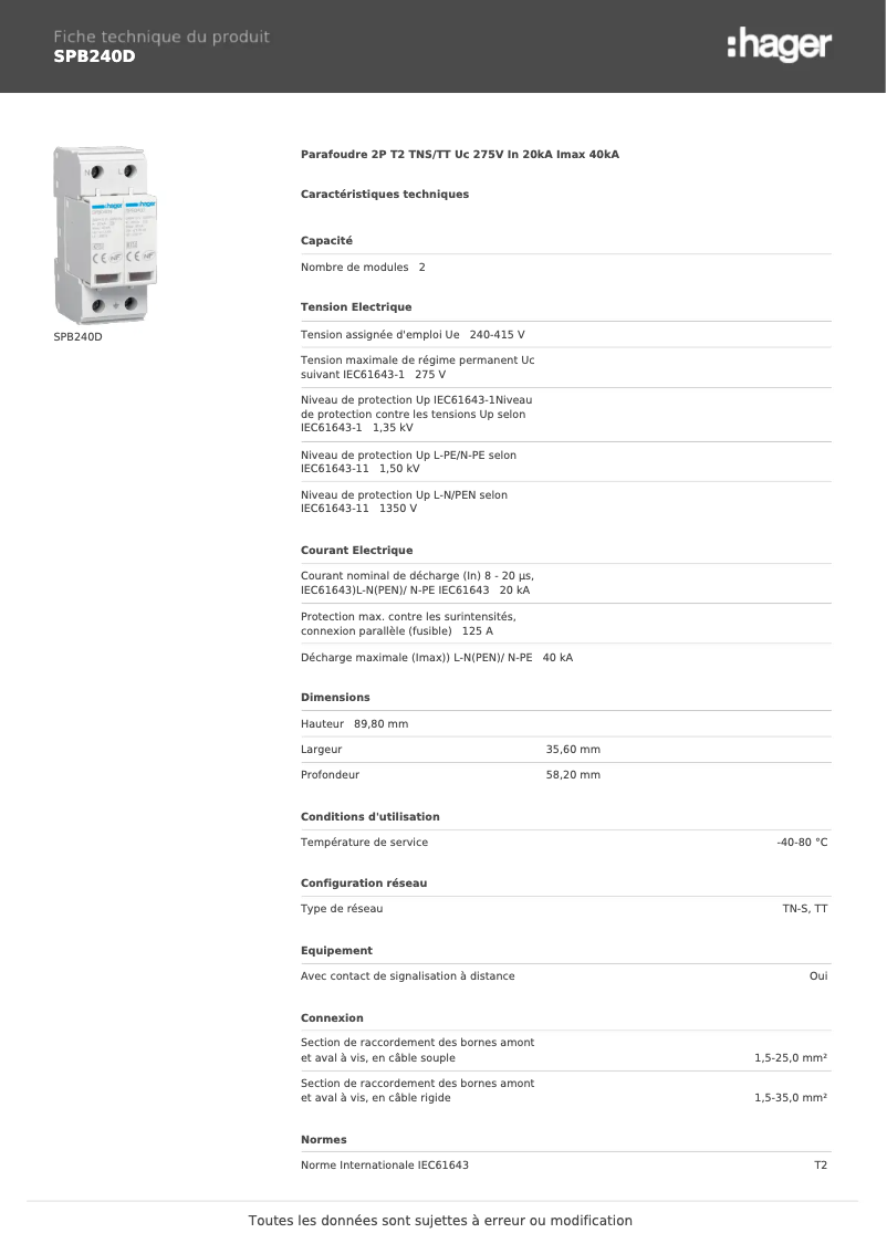 Page 1 of the manual Technical Sheet Hager SPB240D