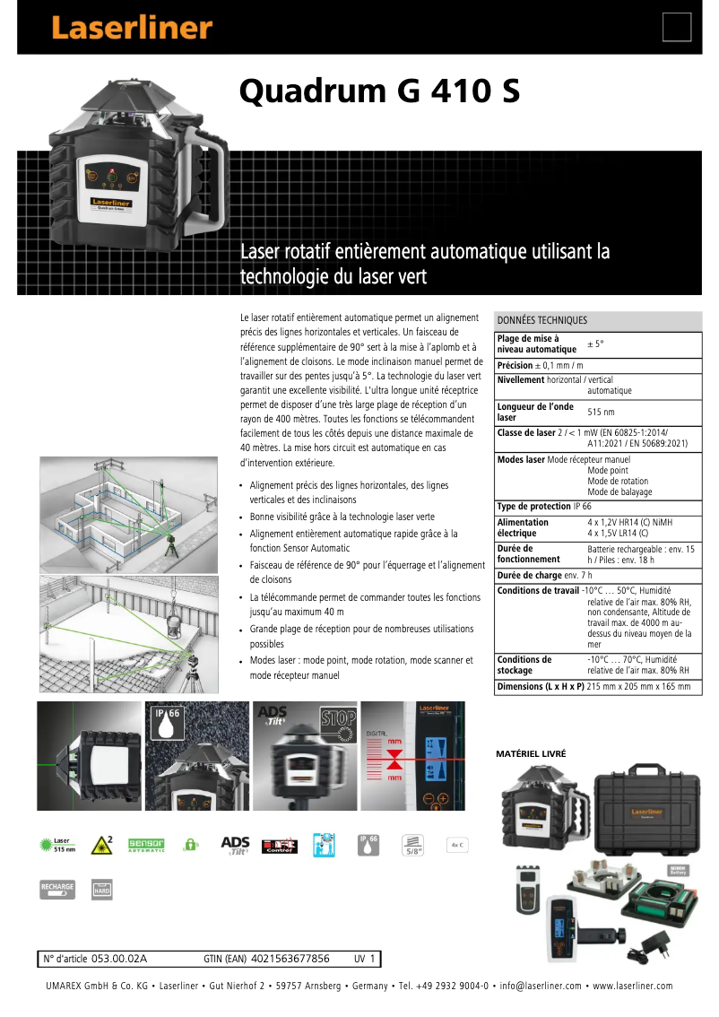 Page 1 of the manual Technical Sheet Laserliner Quadrum Green 410S