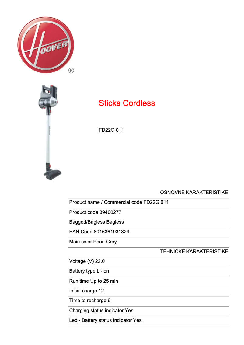 Page 1 of the manual Technical Sheet Hoover Freedom FD22G 011