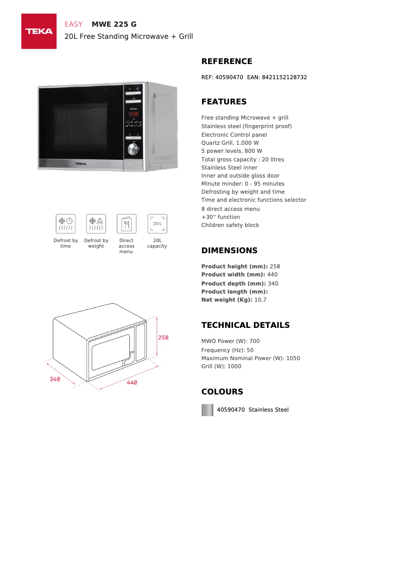 Page 1 of the manual Technical Sheet Teka MWE 225 G