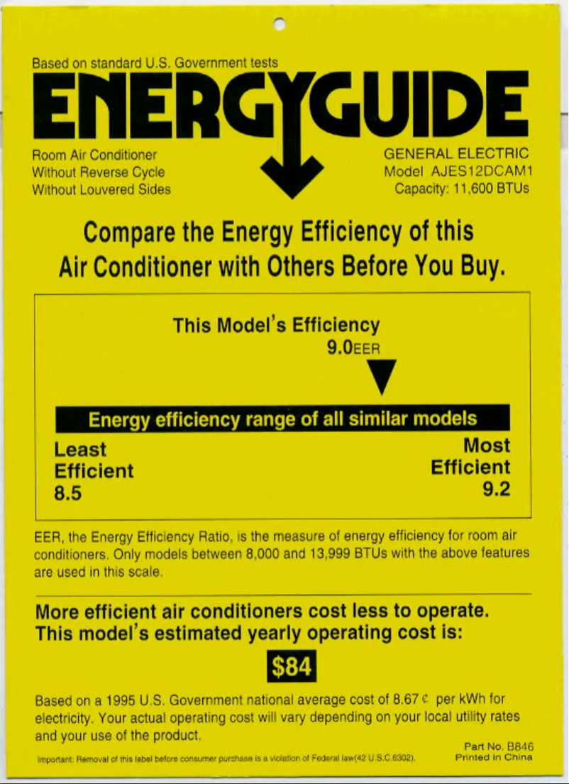 Page 1 of the manual Energy Label GE AJES12DCA