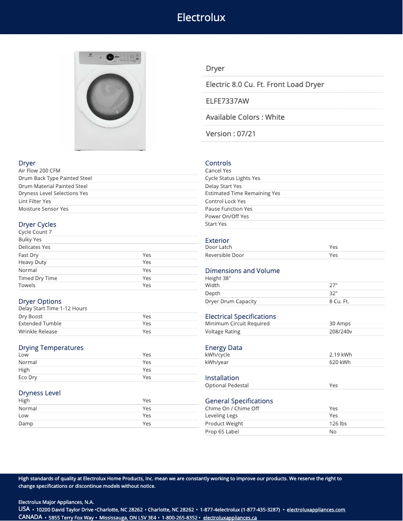 Page 1 of the manual Technical Sheet Electrolux ELFE7337AW