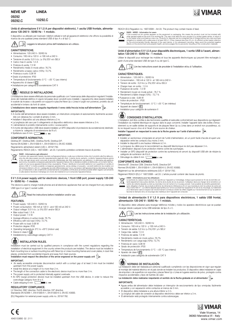 Page 1 of the manual User Manual Vimar 09292