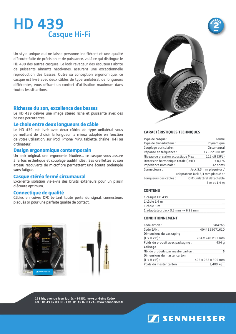 Page 1 of the manual Technical Sheet Sennheiser HD 439