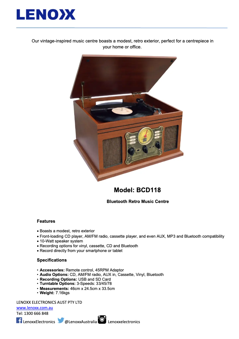 Page 1 of the manual Technical Sheet Lenoxx BCD118