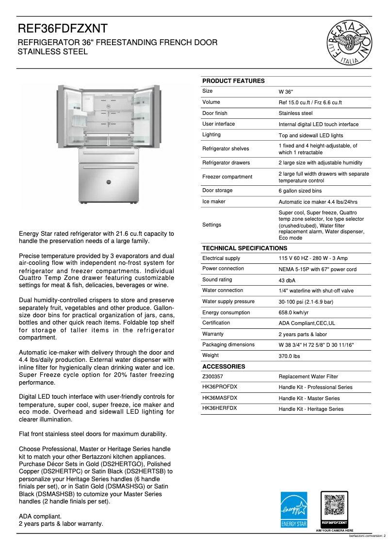 Page 1 of the manual Technical Sheet Bertazzoni REF36FDFZXNT