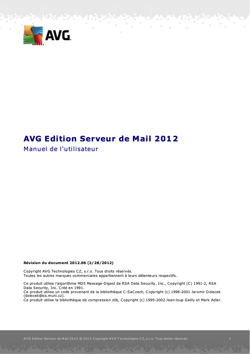 Page 1 de la notice Manuel utilisateur AVG Email Server Edition (2012)