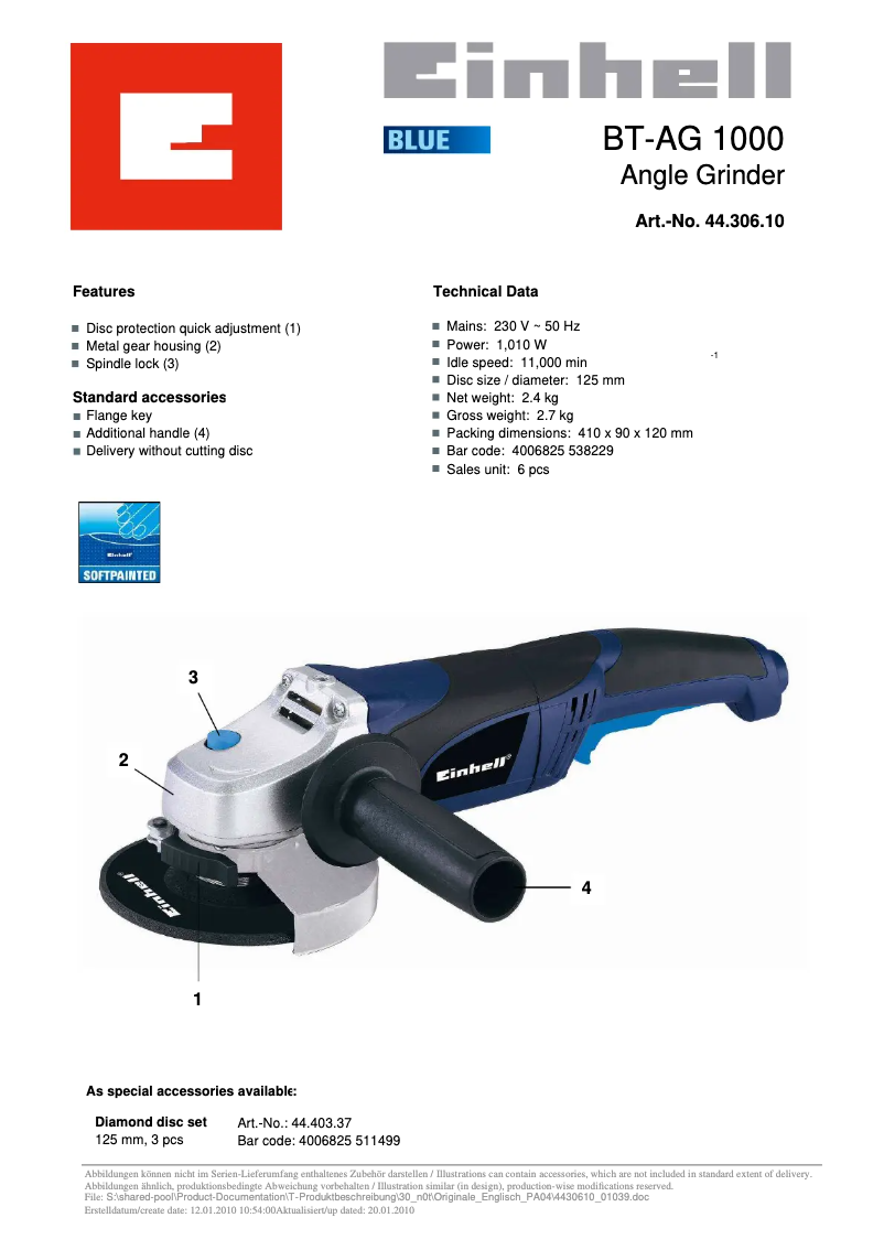 Page 1 of the manual User Manual Einhell BT-AG 1000