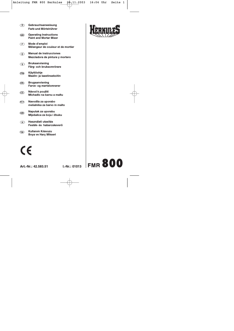 First page image of the manual for FMR 800