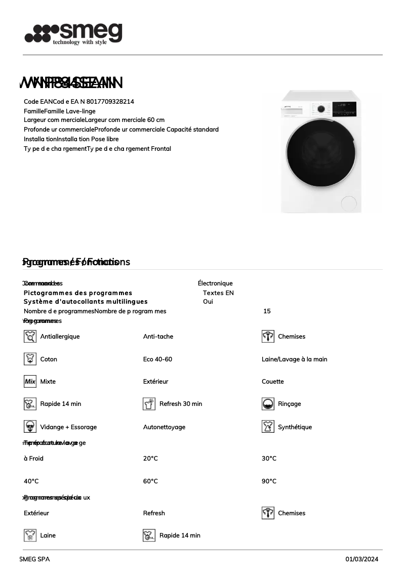 Page 1 of the manual Technical Sheet Smeg WNP84SEAIN