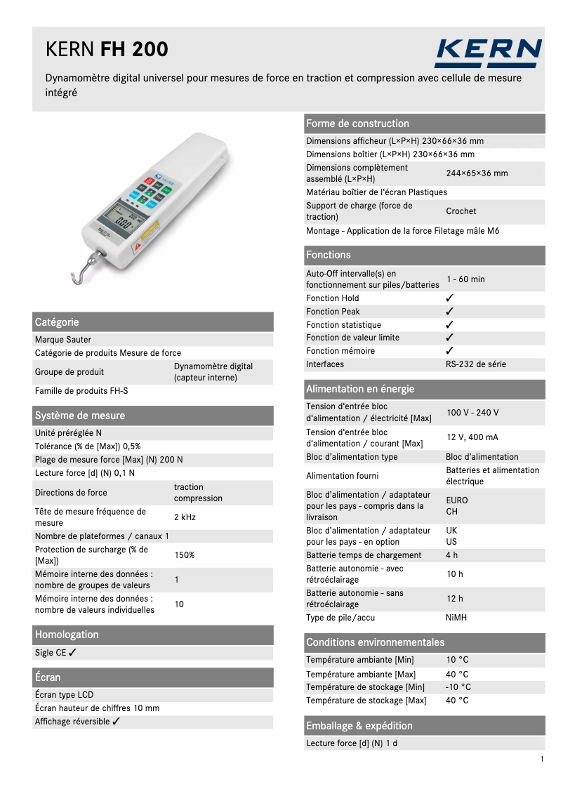 Page 1 of the manual Technical Sheet Kern FH 200