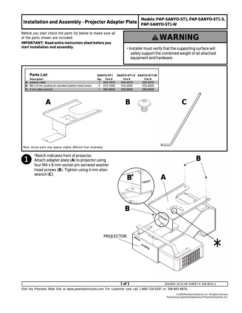 Page 1 of the manual User Manual Peerless-AV PAP-SANYO-ST1