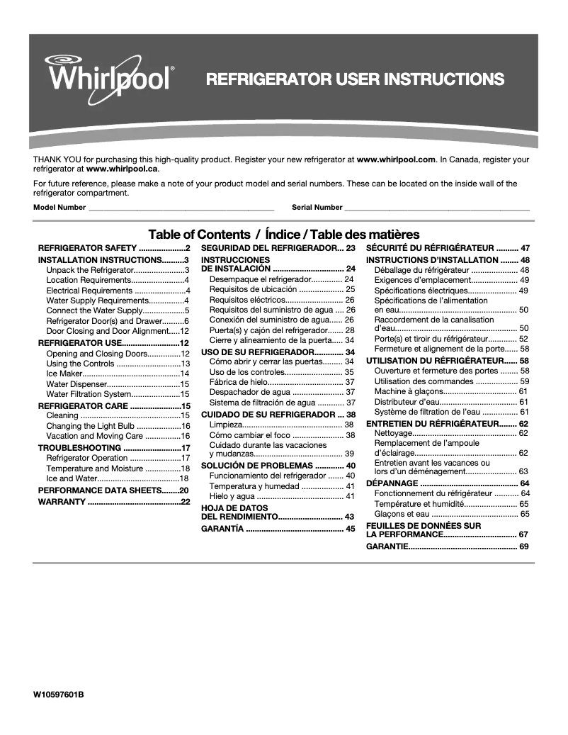 Page 1 of the manual Use and Maintenance Manual Whirlpool WRF535SMH