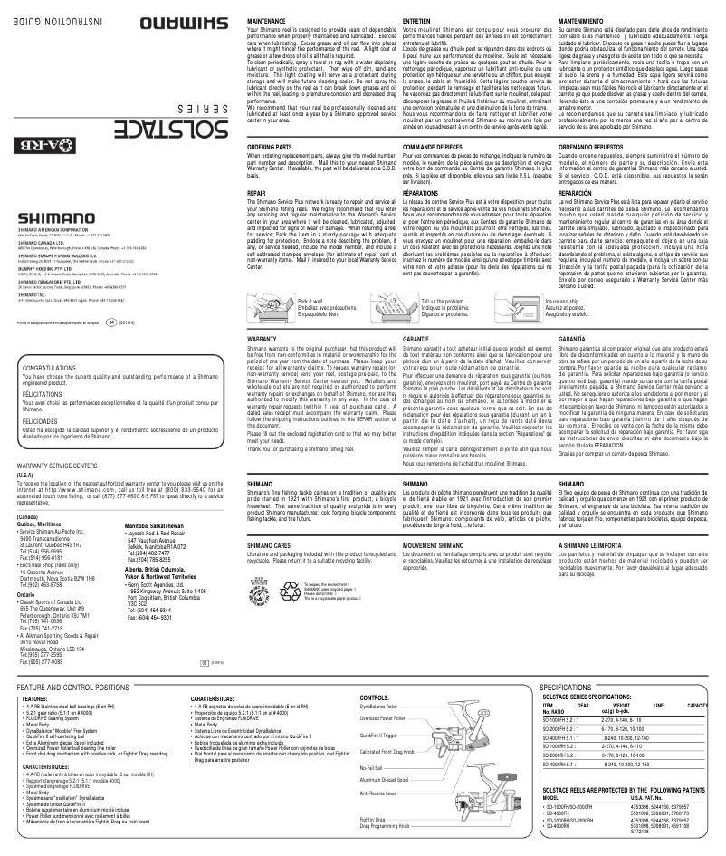 Page 1 of the manual User Manual Shimano Solstace 2000RH