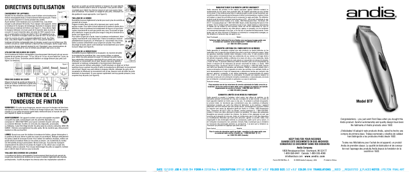 Page 1 of the manual User Manual Andis BTF