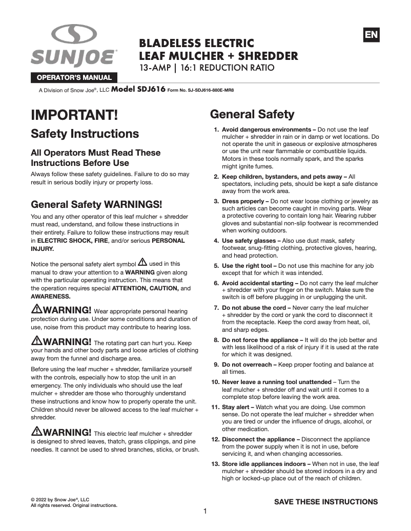 Page 1 of the manual User Manual Sun Joe SDJ616
