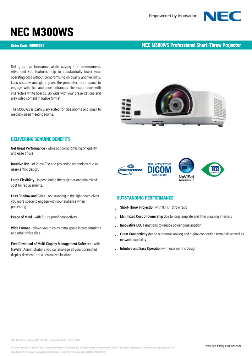 Page 1 of the manual Technical Sheet NEC M300WS