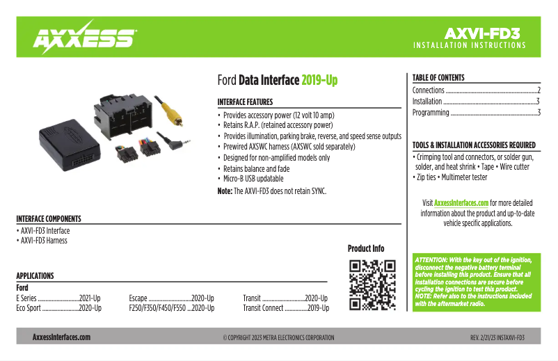 First page image of the manual for AXVI-FD3