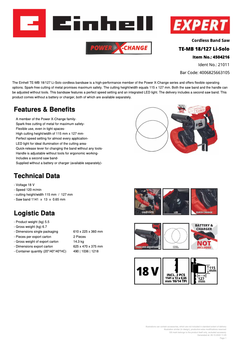 Page 1 of the manual Technical Sheet Einhell TE-MB 18/127 Li