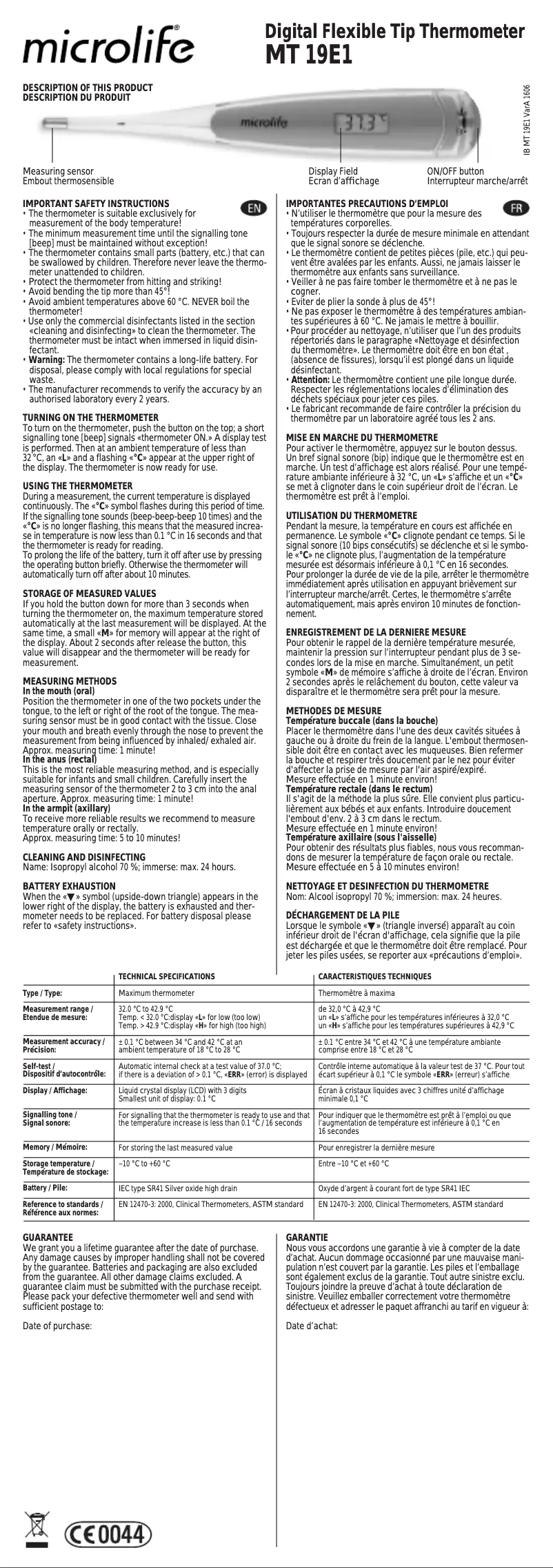 Page 1 de la notice Manuel utilisateur Microlife MT 19E1