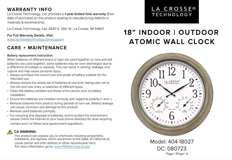 Page 1 of the manual User Manual La Crosse Technology 404-18027