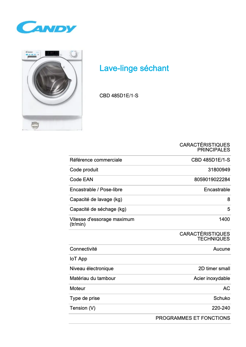 Page 1 of the manual Technical Sheet Candy CBD 485D1E/1-S