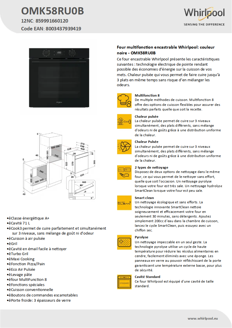 Page 1 de la notice Fiche technique Whirlpool OMK58RU0B