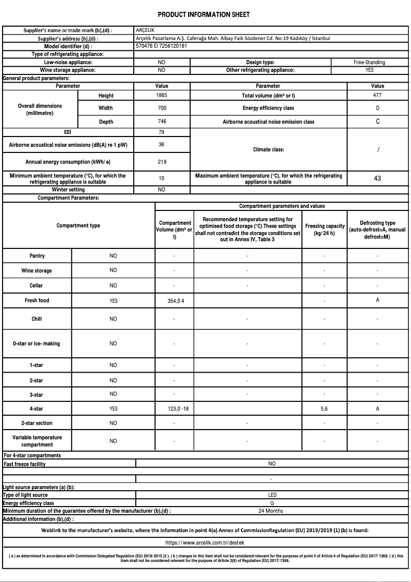 Page 1 of the manual Technical Sheet Arçelik 570476 EI