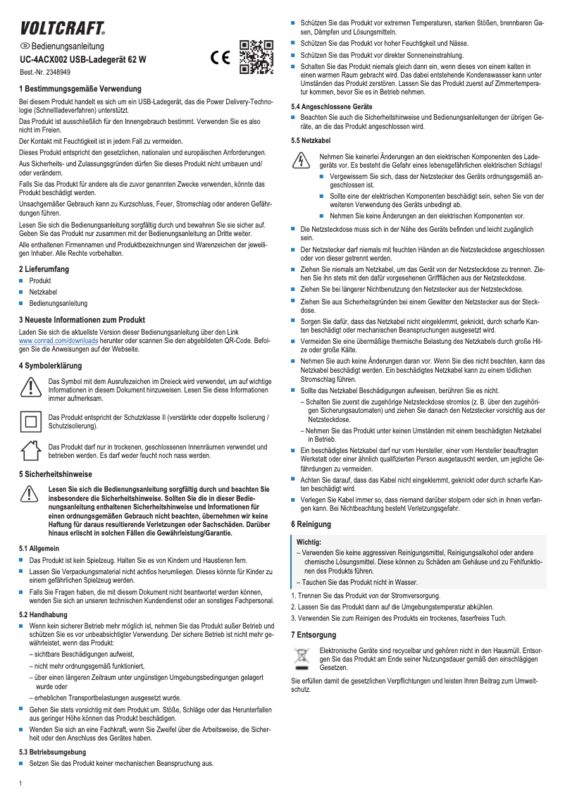 Page 1 of the manual User Manual Voltcraft UC-4ACX002