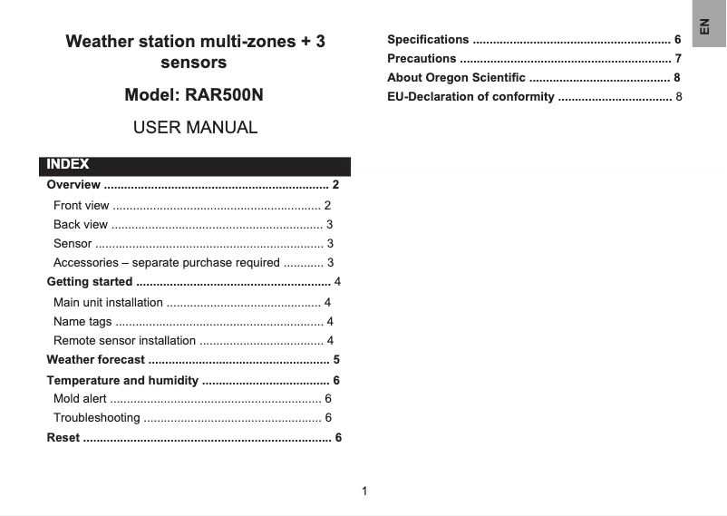 Page 1 of the manual User Manual Oregon Scientific RAR500N