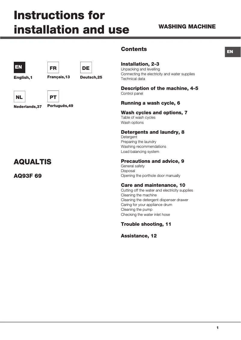 First page image of the manual for Aqualtis AQ93F 69 EU