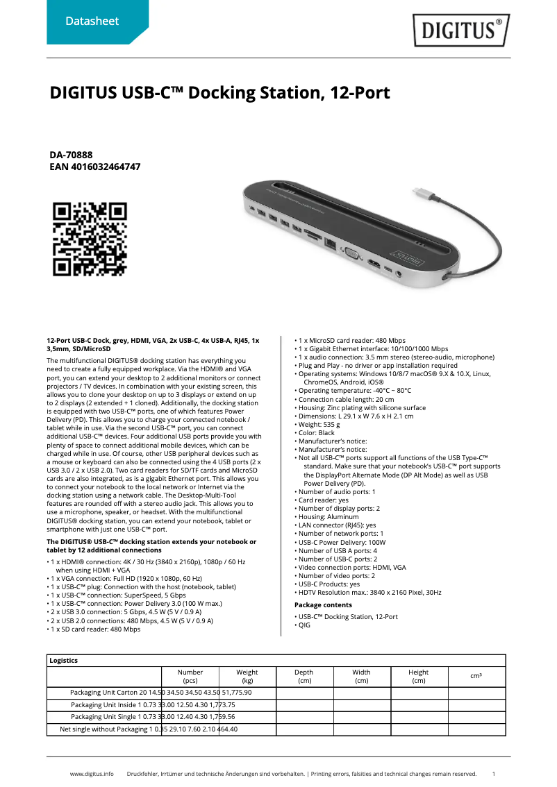 Page 1 of the manual Technical Sheet Digitus DA-70888