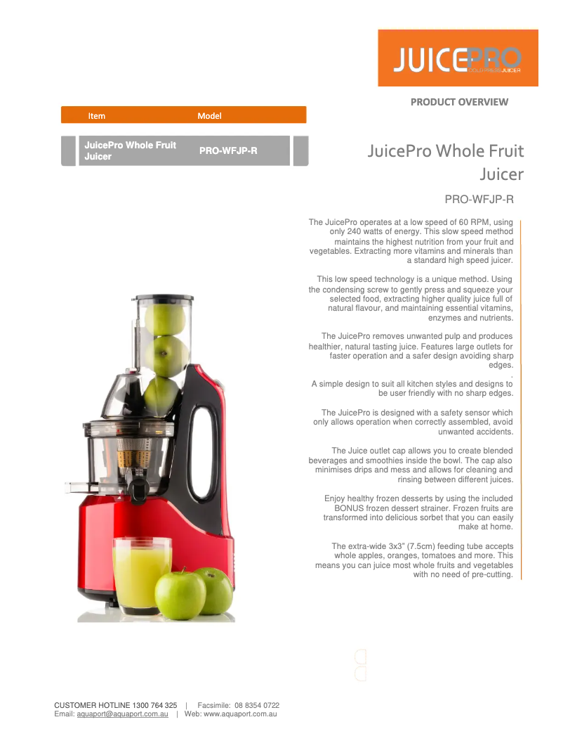 Page 1 of the manual Technical Sheet Aquaport PRO-WFJP-R