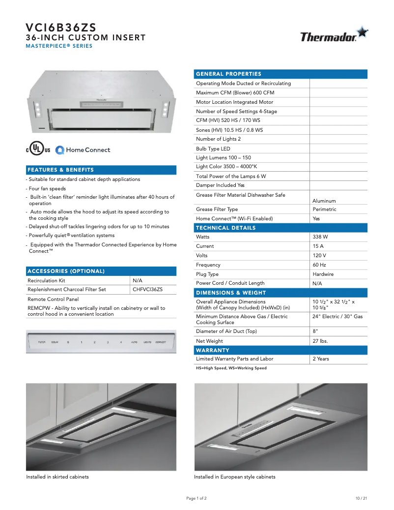 Page 1 of the manual Technical Sheet Thermador VCI6B36ZS