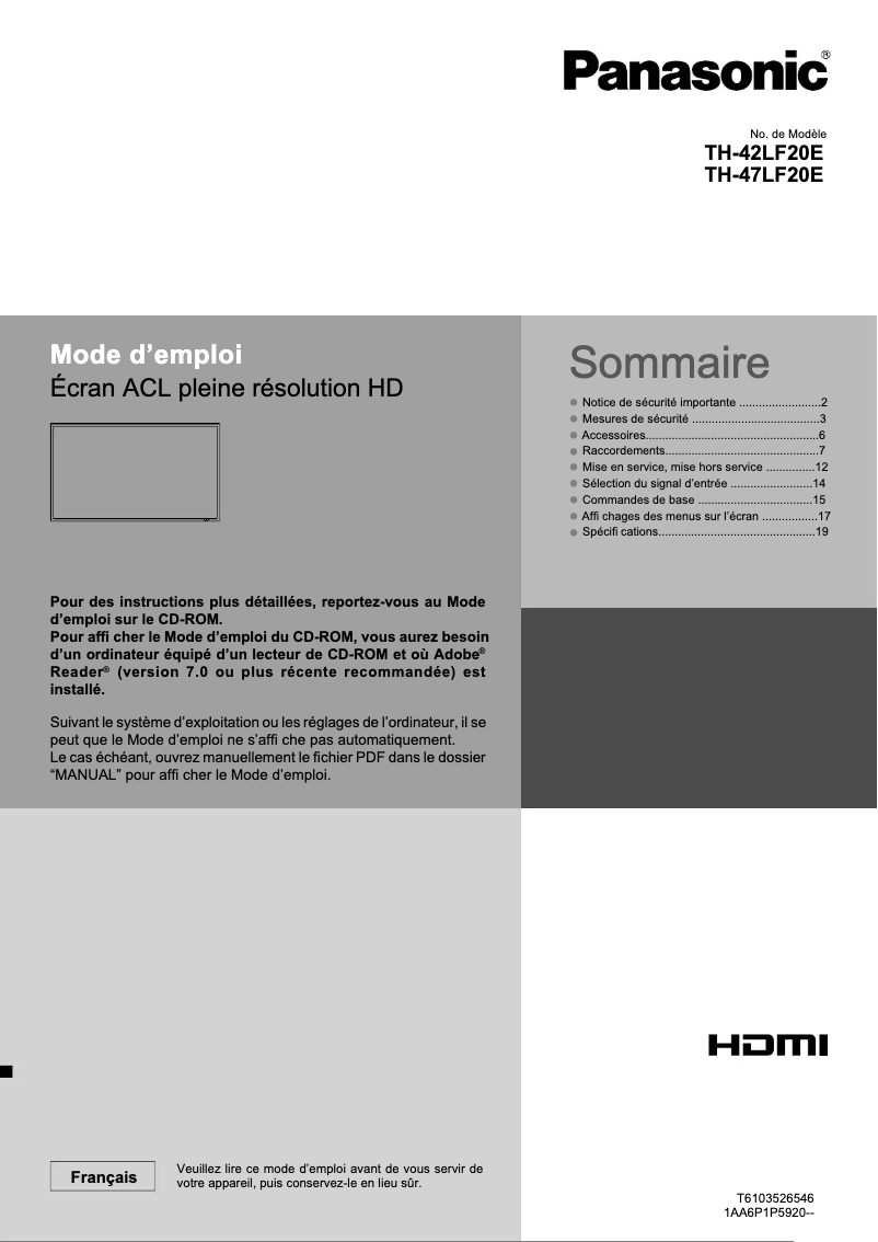 First page image of the manual for TH-42LF20E