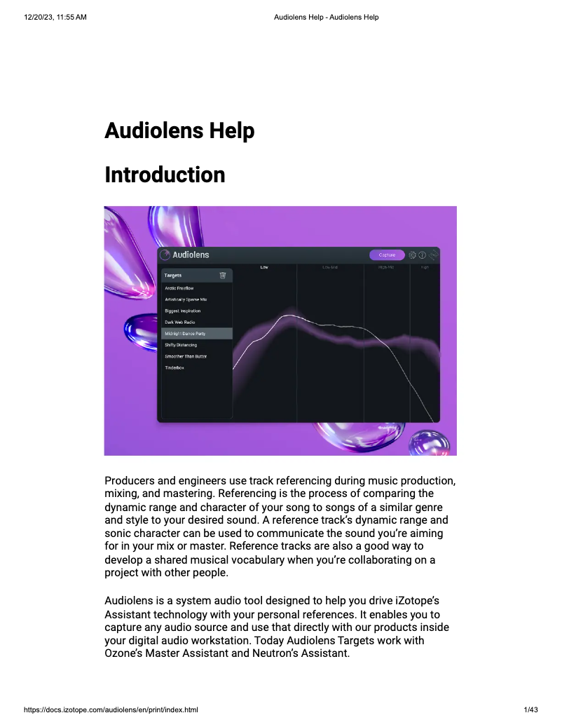 First page image of the manual for Audiolens
