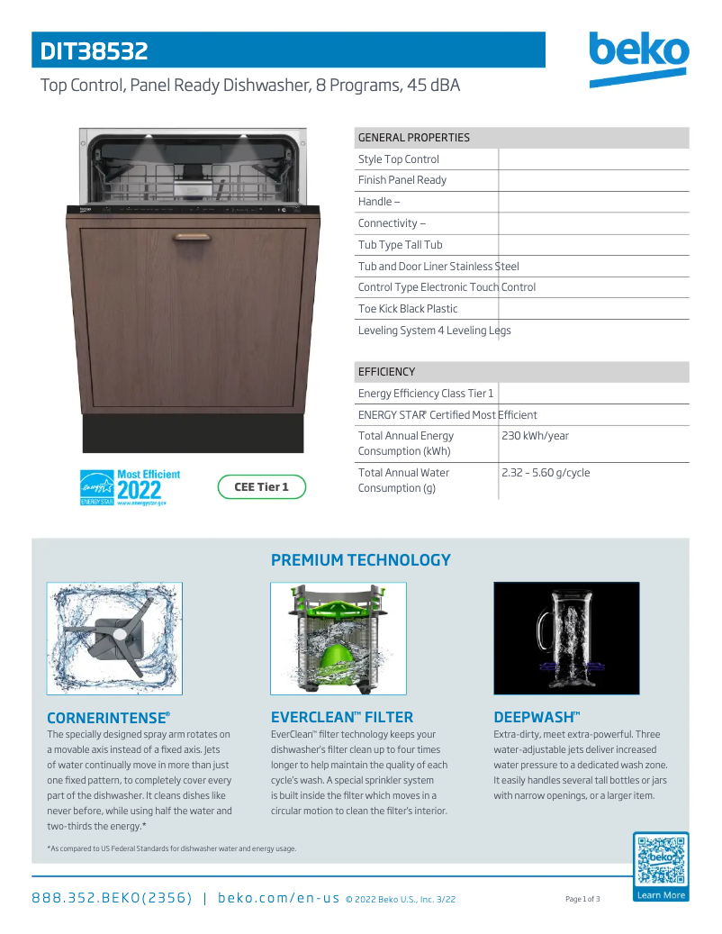 Page 1 of the manual Technical Sheet Beko DIT38532