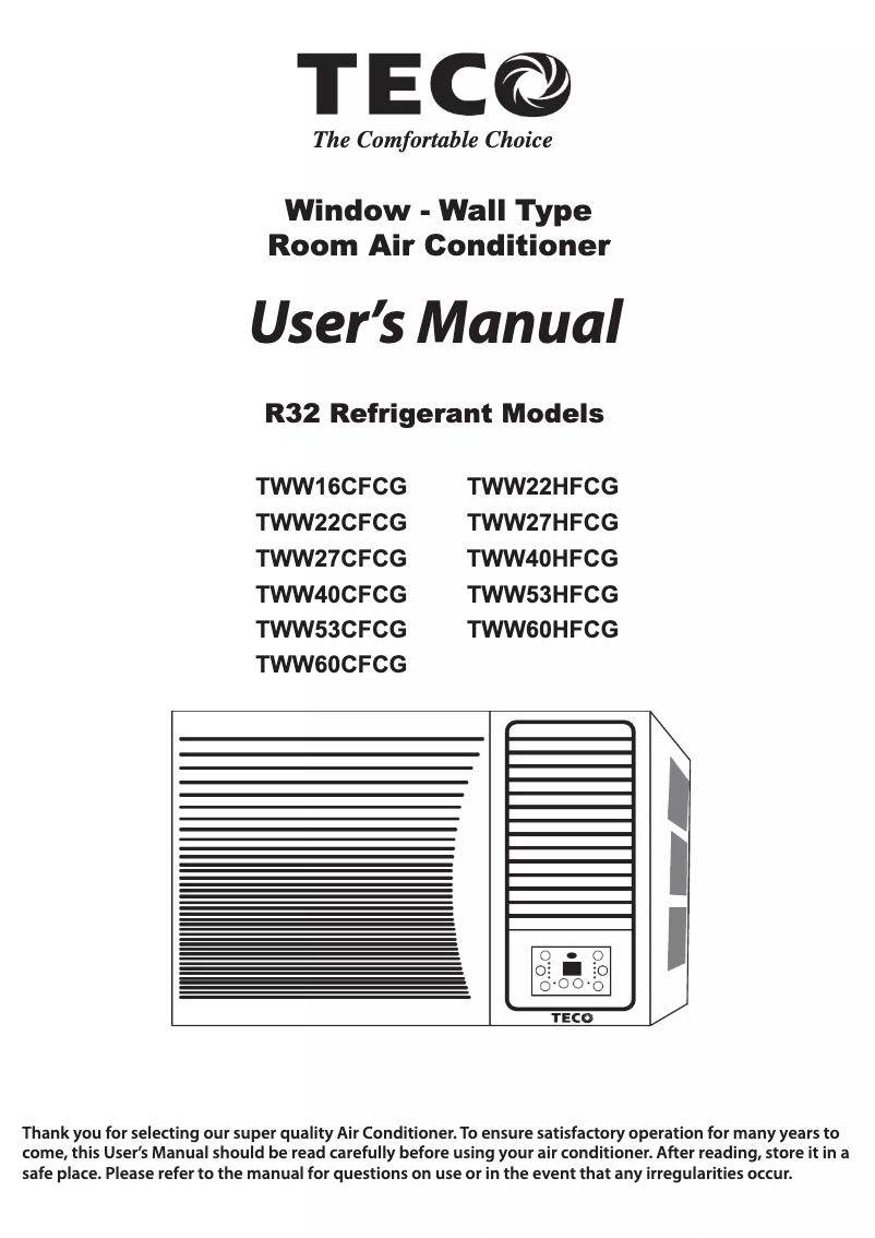 Page 1 of the manual User Manual Teco TWW22CFCG