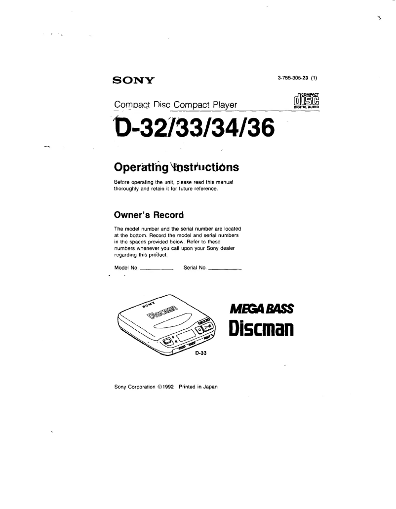 First page image of the manual for Discman D-36