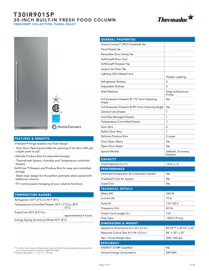 Page 1 of the manual Technical Sheet Thermador T30IR901SP