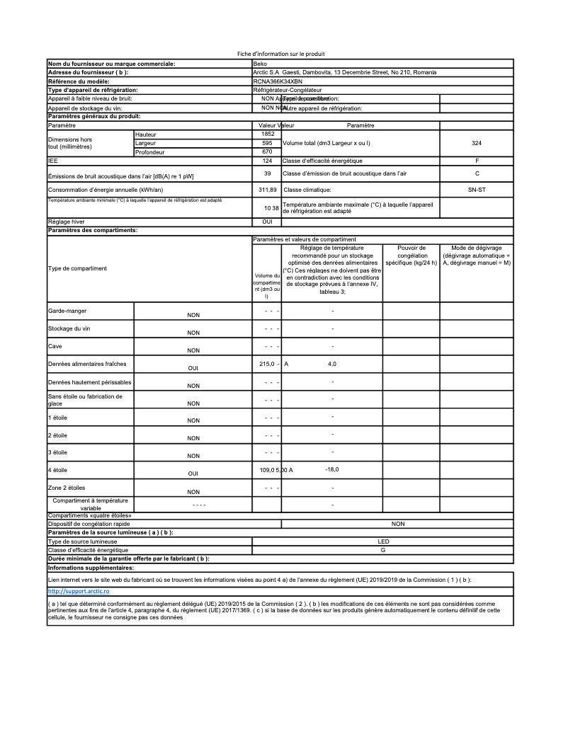 Page 1 of the manual Technical Sheet Beko RCNA366K34XBN