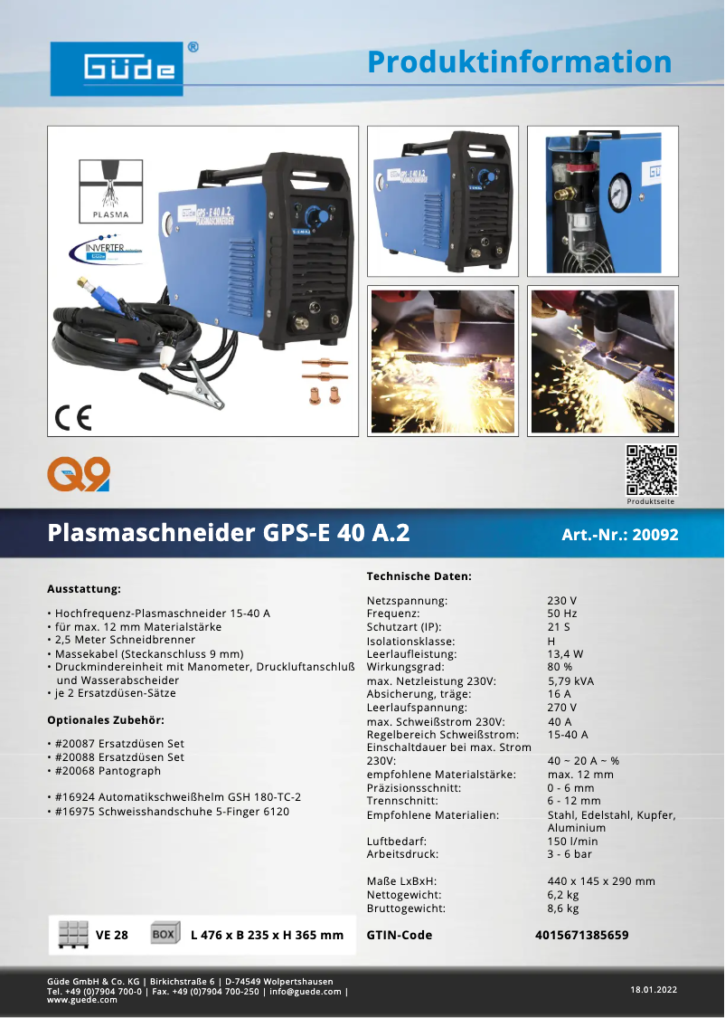 Page 1 of the manual Technical Sheet Güde GPS-E 40 A.2