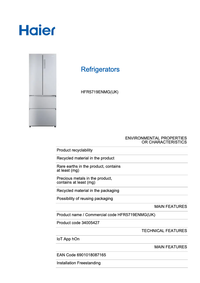 First page image of the manual for HFR5719ENMP